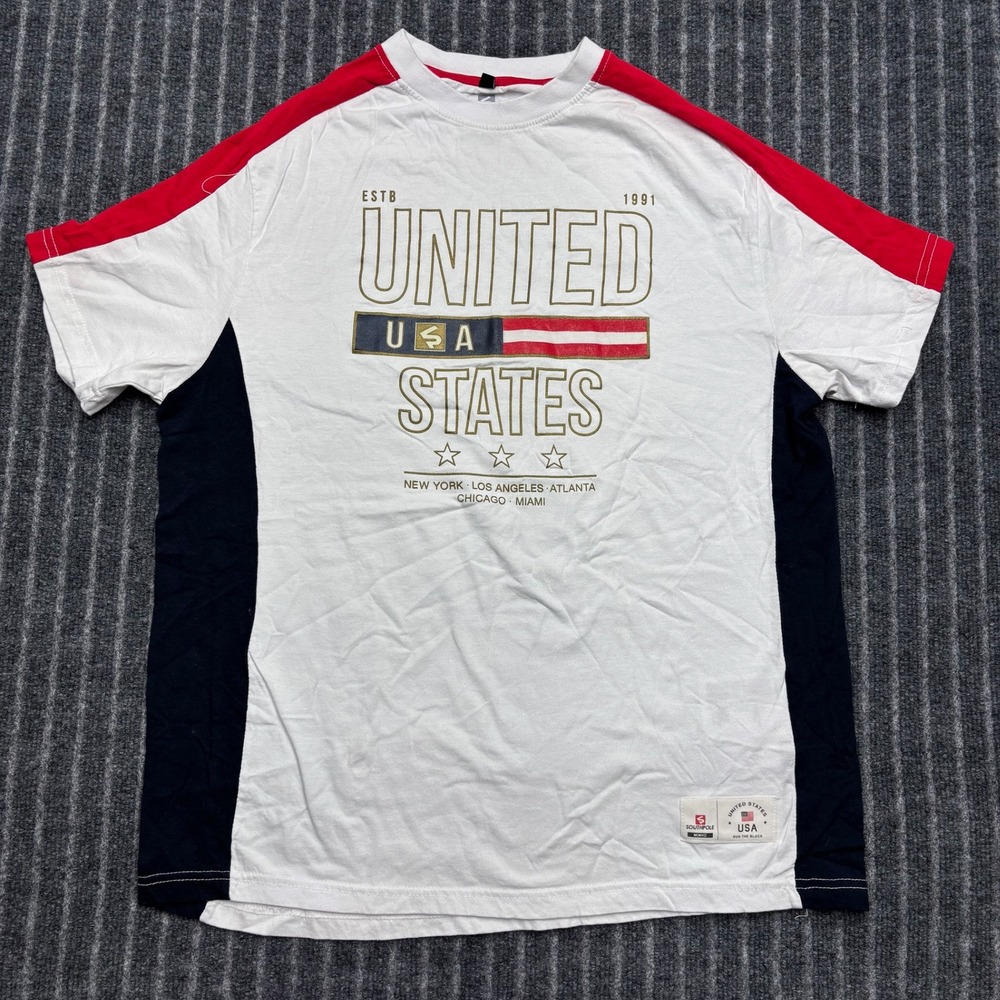 Southpole Mens USA Graphic T-Shirt Large White Red Navy Colorblock Cotton Tee